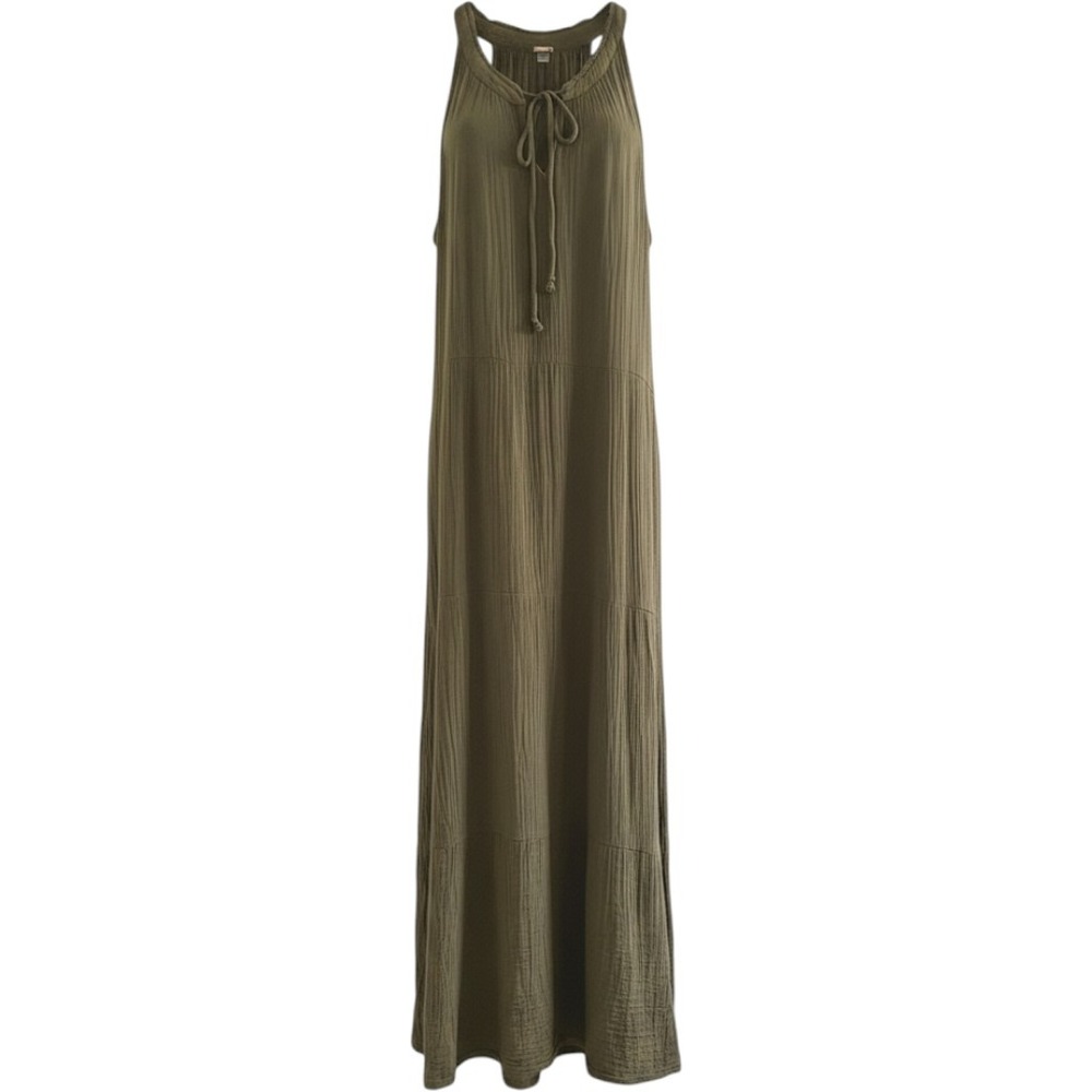 T Tahari Maxi Dress Women Size XL Green Waffle Knit Tiered Renfair Regency